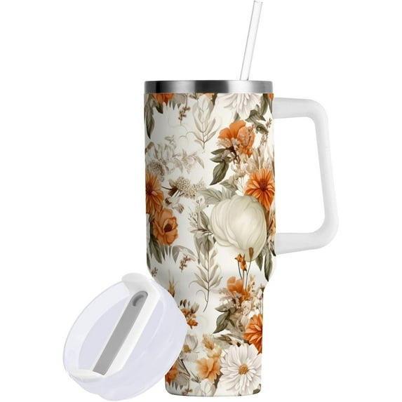 Vintage Flowers Fall Leaves 40 OZ Tumbler with Handle And Straw Insulated Tumblers Coffee Mug Travel Cup Stainless Steel Tumblers Simply Modern Tumbler