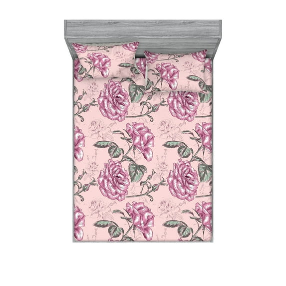 Vintage Flowers Fitted Sheet & Pillow Sham Set, Sketch Style Blooming Rose Floral Pattern with Leafy Peduncles, Decorative Printed 3 Piece Bedding Decor, Queen, Reseda Green Pale Pink, by Ambesonne