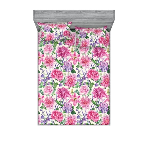 Vintage Flowers Fitted Sheet & Pillow Sham Set, Springtime Inspirations Chrysanthemum Hydrangea Magnolia Art, Decorative Printed 3 Piece Bedding Decor, Full, Hot Pink Fern Green Cream, by Ambesonne