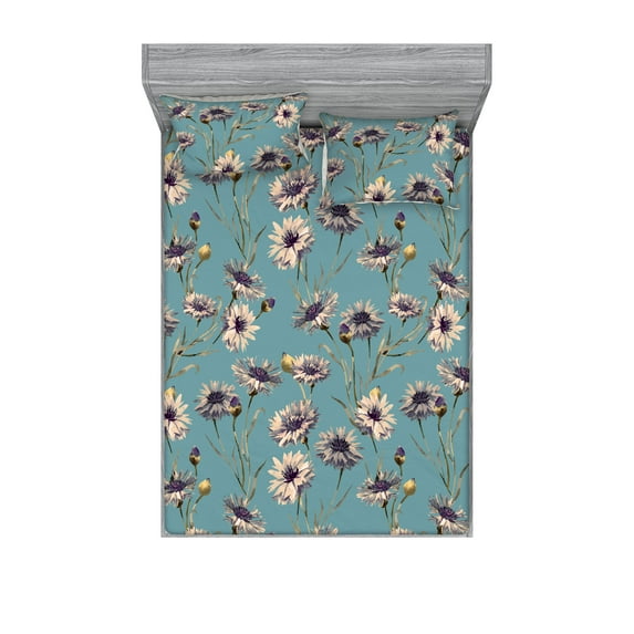 Vintage Flowers Fitted Sheet & Pillow Sham Set, Watercolor Hand Drawn Inspired Cornflowers Meadow of Nature, Decorative Printed 3 Piece Bedding Decor, Calking, Cadet Blue Plum and Camel, by Ambesonne
