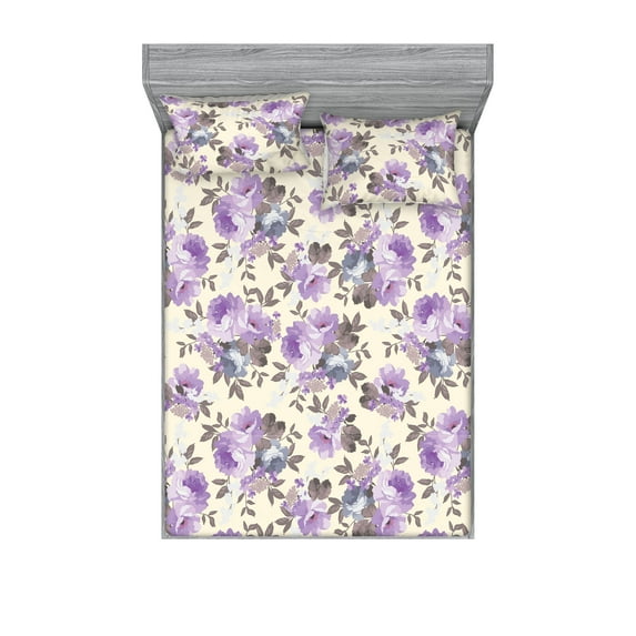 Vintage Flowers Fitted Sheet & Pillow Sham Set, Watercolor Nostalgic Flowers with Leaves Pattern on Cream Boho Back, Decorative Printed 3 Piece Bedding Decor, Queen, Lavender Champagne, by Ambesonne