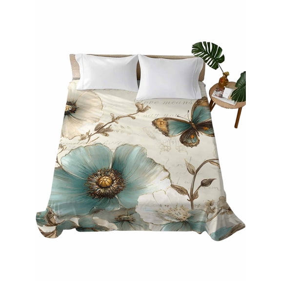 Vintage Flowers Flat Sheet Only Twin Size, Soft Breathable Bed Top Sheets for Mattress, Spring Floral Teal Tulip Butterfly Luxury Bedding Flat Sheets for Home Hotel Bedroom Bed Protection