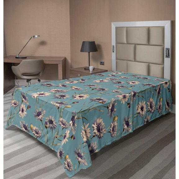 Ambesonne Vintage Flowers Flat Bedding Sheet Soft Top Sheet, Cornflowers Print, Twin, Cadet Blue Plum and Camel