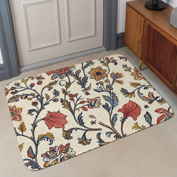 Vintage Flowers Front Door Mat Indoor Entrance, Farmhouse Indian Floral Red Yellow Flower Absorbent Dirt Resist Welcome Mats Non-Slip Low-Profile Doormat Washable Entry Rug Indoor Outdoor 17x30 Inch