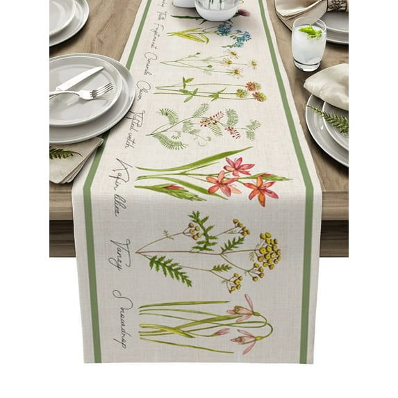 Vintage Flowers Herbaceous Plant Linen Texture Table Runner Home Wedding Table Mat Centerpieces Decoration Dining Tablecloth