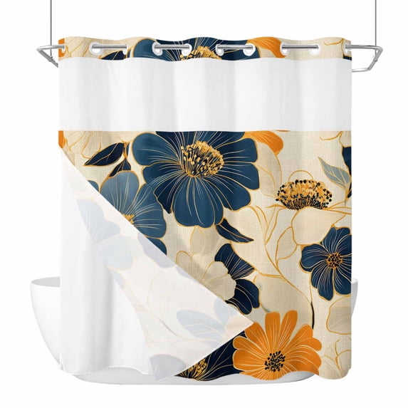 Vintage Flowers No Hooks Shower Curtain with Snap-in Liner Spring Watercolor Rural Pastoral Flower Botanical Shower Curtains for Bathroom, Waterproof, Easy Install, Washable 72"x78"