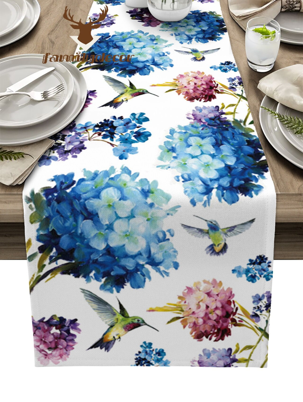 Vintage Flowers Hummingbird Hydrangea Table Runner Home Wedding Table