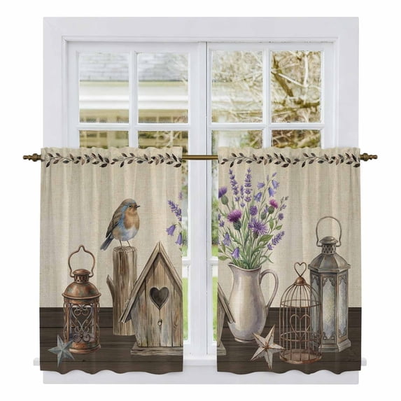 Vintage Flowers Kitchen Curtain for Berdoom Living Room Cafe 54 Inch Length, Birds Retro Elegant Farmhouse Rustic Tiers Curtains Light Filtering Drapes Rod Pocket Window Treatment 2 Panels 52"Wx54"L