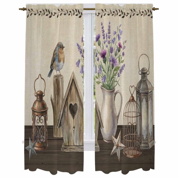 Vintage Flowers Kitchen Curtain for Berdoom Living Room Cafe 72 Inch Length, Birds Retro Elegant Farmhouse Rustic Tiers Curtains Light Filtering Drapes Rod Pocket Window Treatment 2 Panels 52"Wx72"L