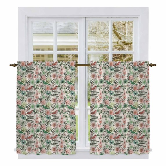 Vintage Flowers Kitchen Curtains 45 Inch Length, Spring Pink Green Floral Country Leaves Birds Tiers Curtains for Bathroom Bedroom Cafe, Light Filtering Window Treatment Drapes 2 Panels 42"Wx45"L