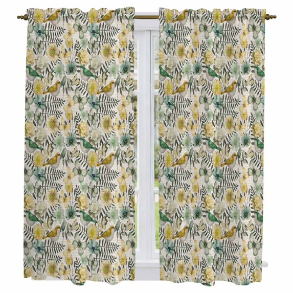 Vintage Flowers Kitchen Curtains 63 Inch Length, Spring Yellow Green Floral Country Leaves Birds Tiers Curtains for Living Room Berdoom, Light Filtering Drapes Window Treatment 2 Panels 42"Wx63"L