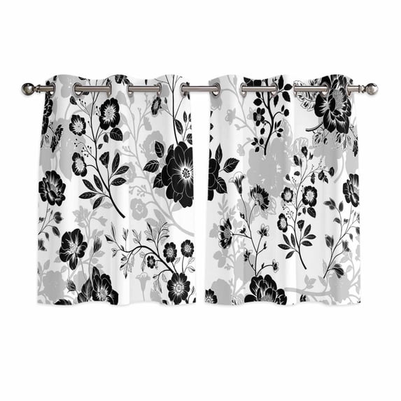 Vintage Flowers Kitchen Curtains Short 54 Inch Length, Black White Farmhouse Floral Plants Grommet Top Bedroom Living Room Curtains, Light Filtering Cafe Curtain Drapes 2 Panels Set 84''x54''