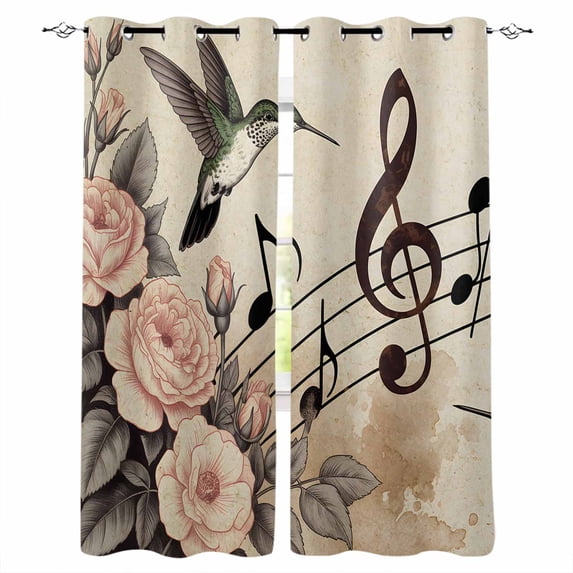 Vintage Flowers Kitchen Curtains Spring Floral Music Birds Retro Art Cafe Short Curtains for Bathroom Blackout Window Curtain Grommet Small Window Treatment Drapes for Bedroom Living Room 52"x45"x2