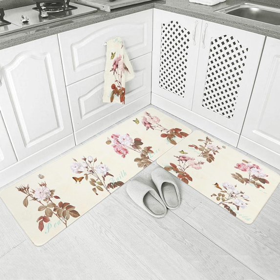 Vintage Flowers Kitchen Floor Mats, Autumn Retro Flower Butterfly 2 PCS Anti Fatigue Area Runner Rugs Set Stamp Beige Non-Slip Bathroom Comfort Standing Mat Home Decor