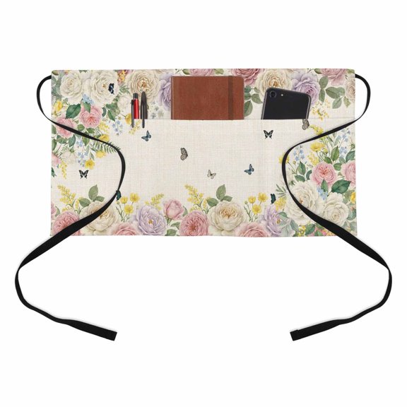 Vintage Flowers Kitchen Restaurant Half Waist Apron, White Pink Purple Flower Plants Butterflies Linen Server Short Apron with 3 Pockets Waterproof Oil Waist Aprons for Women Waitress Waiter