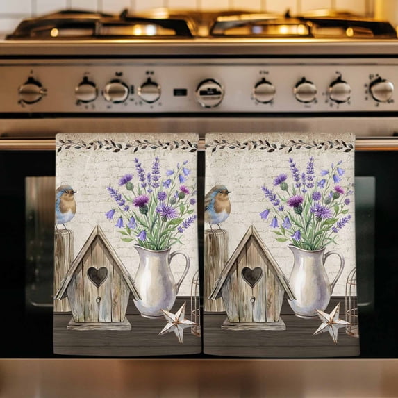Vintage Flowers Kitchen Towels Set of 1, Birds Retro Art Elegant Farmhouse Absorbent Dish Towels for Kitchen, Microfiber Hand Towel, Quick Drying Tea Towel for Cleaning Decorative Dishcloths