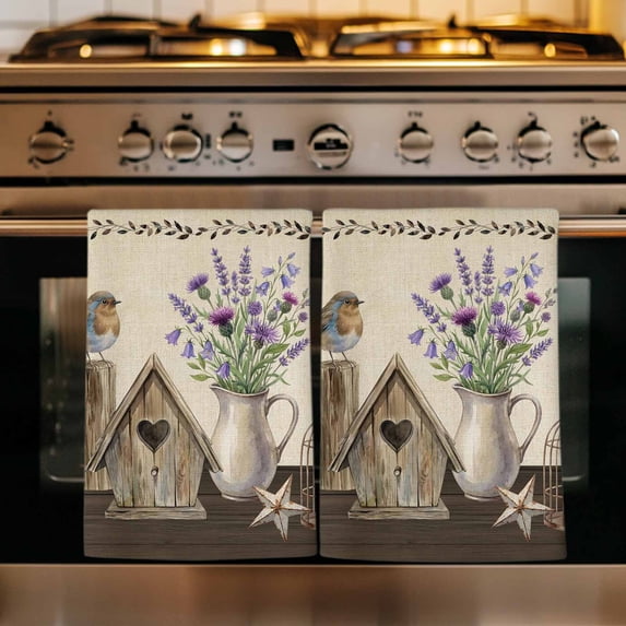 Vintage Flowers Kitchen Towels Set of 3, Birds Retro Art Elegant Farmhouse Rustic Absorbent Dish Towels for Kitchen, Microfiber Hand Towel, Quick Drying Tea Towel for Cleaning Decorative Dishcloths