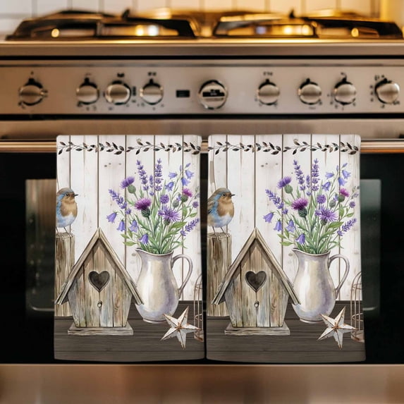 Vintage Flowers Kitchen Towels Set of 4, Wooden Birds Retro Art Farmhouse Absorbent Dish Towels for Kitchen, Microfiber Hand Towel, Quick Drying Tea Towel for Cleaning Decorative Dishcloths