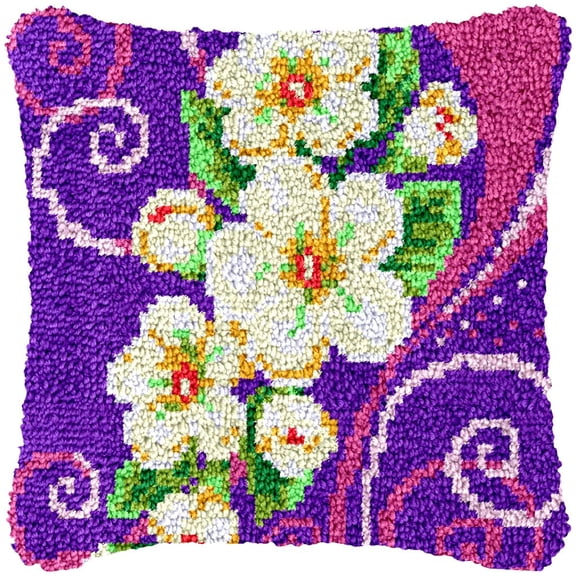 Vintage Flowers Latch Hook Kits Pillow Cover DIY Rug Making Crochet Hook Cushion Making Kits with Preprinted Pattern Canvas DIY Needlework Crochet Kits Sofa Decor 43x43cm