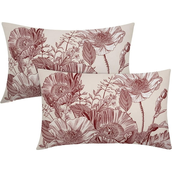 Vintage Flowers Lumbar Pillow Covers 12x20 Inch Set of 2 Burgundy Floral Leaves Decorative Rectangular Throw Pillows for Couch Rustic Pillow Cases Home Decor for Sofa Living Room Outdoor