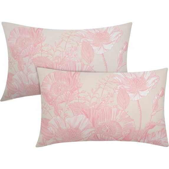 Vintage Flowers Lumbar Pillow Covers 12x20 Inch Set of 2 Light Pink Floral Leaves Decorative Rectangular Throw Pillows for Couch Rustic Pillow Cases Home Decor for Sofa Living Room Outdoor