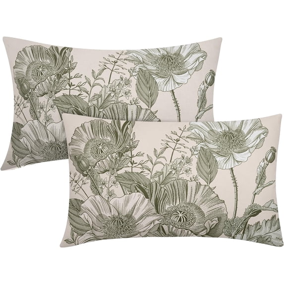 Vintage Flowers Lumbar Pillow Covers 12x20 Inch Set of 2 Olive Green Floral Leaves Decorative Rectangular Throw Pillows for Couch Rustic Pillow Cases Home Decor for Sofa Living Room Outdoor