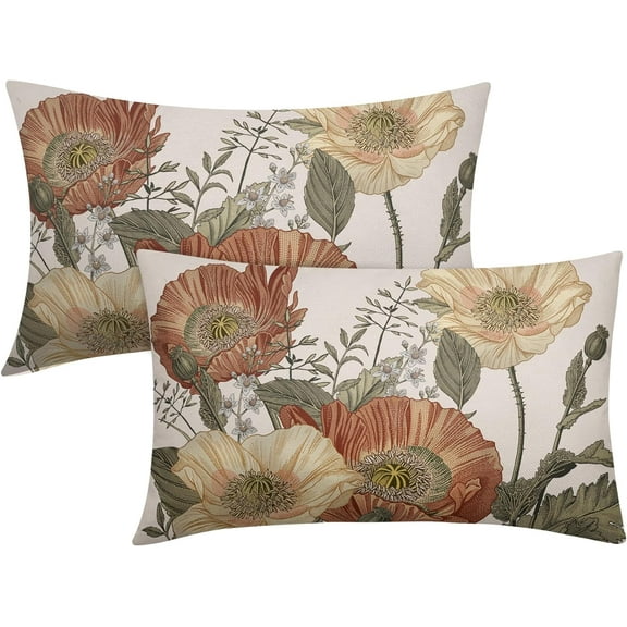 Vintage Flowers Lumbar Pillow Covers 12x20 Inch Set of 2 Rust Orange Yellow Floral Leaves Decorative Rectangular Throw Pillows For Couch Rustic Pillow Cases Home Decor For Sofa Living Room Outdoor