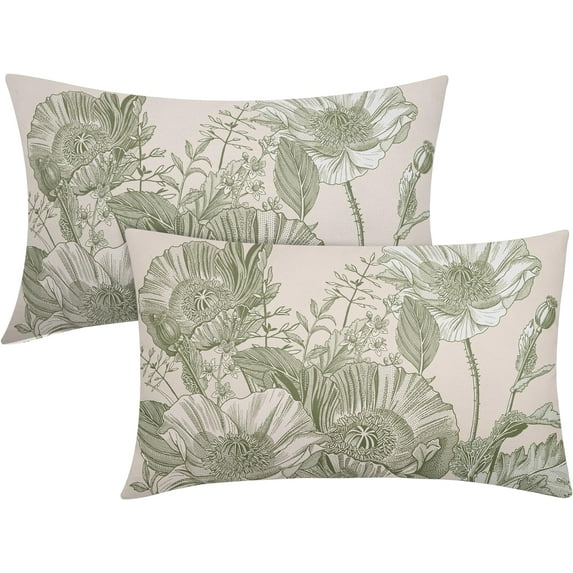 Vintage Flowers Lumbar Pillow Covers 12x20 Inch Set of 2 Sage Green Floral Leaves Decorative Rectangular Throw Pillows for Couch Rustic Pillow Cases Home Decor for Sofa Living Room Outdoor