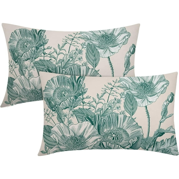 Vintage Flowers Lumbar Pillow Covers 12x20 Inch Set of 2 Teal Floral Leaves Decorative Rectangular Throw Pillows for Couch Rustic Pillow Cases Home Decor for Sofa Living Room Outdoor