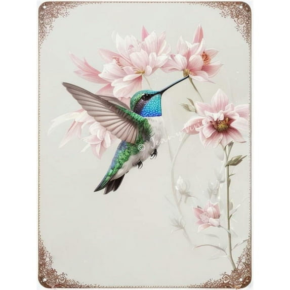 Vintage Flowers Metal Tin Sign, Garden Tin Sign, Rustic Farmhouse Sign for Home Bedroom Flower Shop Classroom Cafes Garden Decor - Hummingbird Wall Decor 12x16 Inches