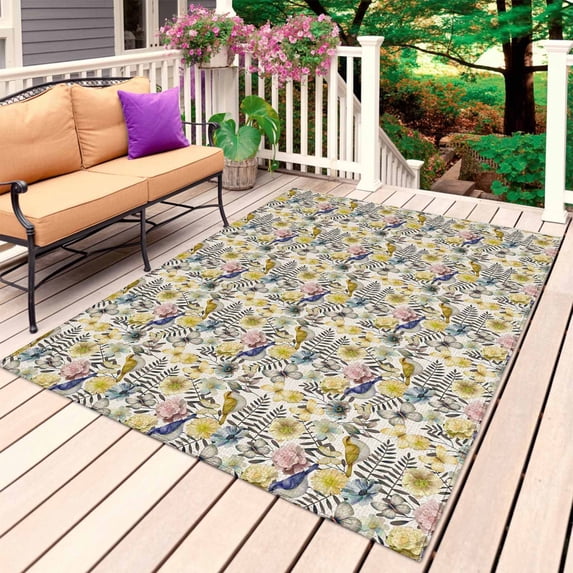 Vintage Flowers Outdoor Rug 3x5 Ft, Non Slip Washable Area Rug, Spring Yellow Floral Country Leaves Blue Birds Patio Rugs Carpet Runner, Large Floor Mat for Indoor/Outdoor Deck Porch Camping