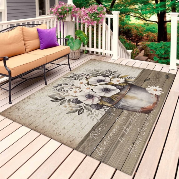 Vintage Flowers Outdoor Rug 4x6 Ft, Non Slip Washable Area Rug, Farmhouse Floral Leaves Retro Wood Board Patio Rugs Carpet Runner, Large Floor Mat for Indoor/Outdoor Deck Porch Camping