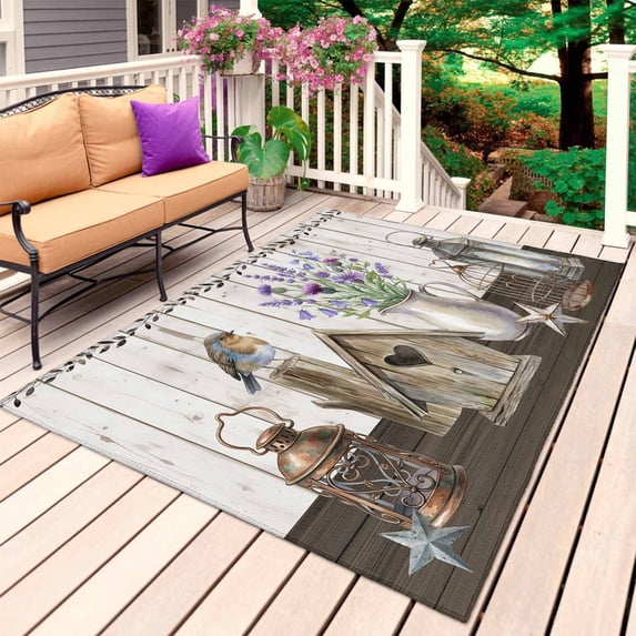Vintage Flowers Outdoor Rug 6x9 Ft, Non Slip Washable Area Rug, Wooden Birds Retro Art Farmhouse Patio Rugs Carpet Runner, Large Floor Mat for Indoor/Outdoor Deck Porch Camping