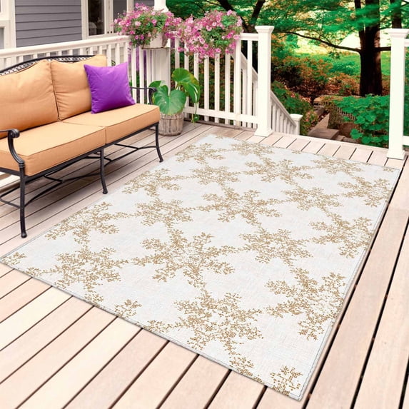 Vintage Flowers Outdoor Rug for Patio/Deck/Porch, Non-Slip Large Area Rug 4 x 6 Ft, Farmhouse Classic Floral Textured Beige Indoor Outdoor Rugs Washable Area Rugs, Camping Rug Carpet Runner