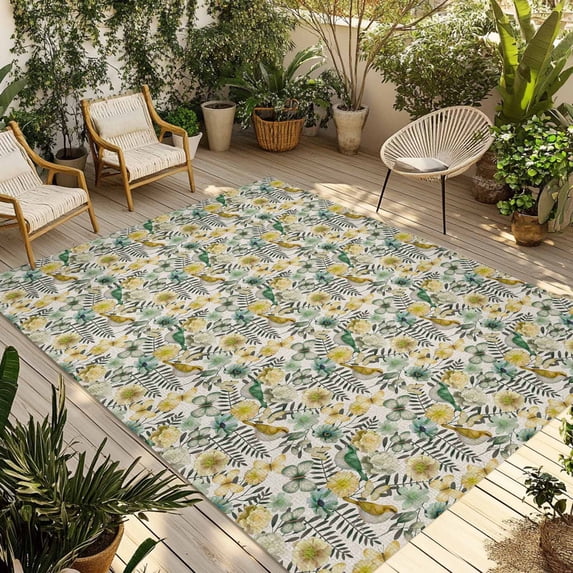 Vintage Flowers Outdoor Rug for Patio/Deck/Porch, Non-Slip Large Area Rug 4 x 6 Ft, Spring Yellow Green Floral Country Leaves Birds Indoor Outdoor Rugs Washable Area Rugs, Camping Rug Carpet Runner