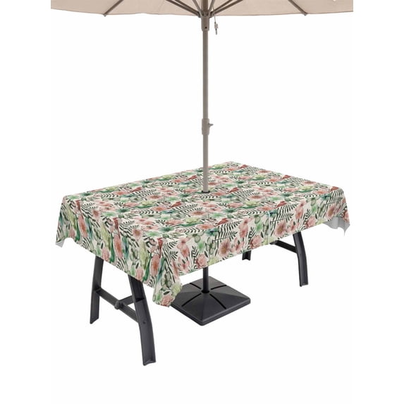Vintage Flowers Outdoor Tablecloth - 52x70 Inch Rectangle Dining Table Cover, Spring Pink Green Floral Country Leaves Birds Waterproof Outdoor Table Cloth with Umbrella Hole & Zipper for Picnic/Patio