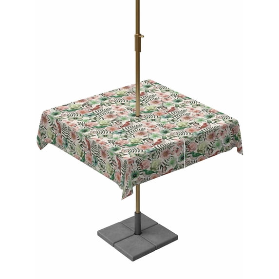 Vintage Flowers Outdoor Tablecloth - 60x60 Inch Square Dining Table Cover, Spring Pink Green Floral Country Leaves Birds Waterproof Outdoor Table Cloth with Umbrella Hole & Zipper for Picnic/Patio