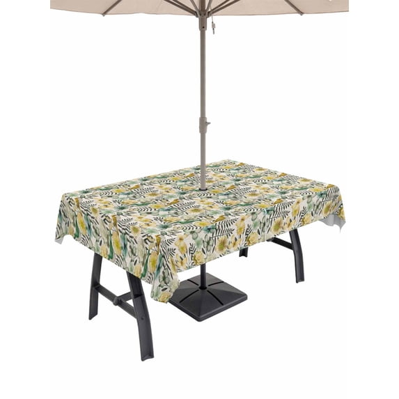 Vintage Flowers Outdoor Tablecloth - 60x84 Inch Rectangle Dining Table Cover, Spring Yellow Green Floral Country Leaves Birds Waterproof Outdoor Table Cloth with Umbrella Hole & Zipper for Patio