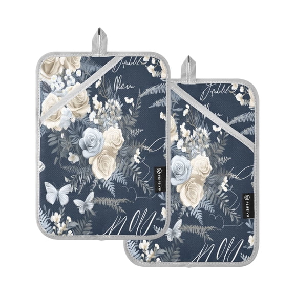 Vintage Flowers Pattern 7x9.8in Pot Holder Set Heat-Resistant Oven Hot Pads Durable with Storage Loop