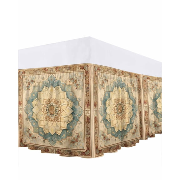 Vintage Flowers Pattern Bed Skirt Blue Classical Bohemian Retro Bed Skirts Queen Size 18 Inch Drop, Wrap Around Dust Ruffle&nbsp;Bedskirt with Adjustable Elastic Belt for Queen Size Beds