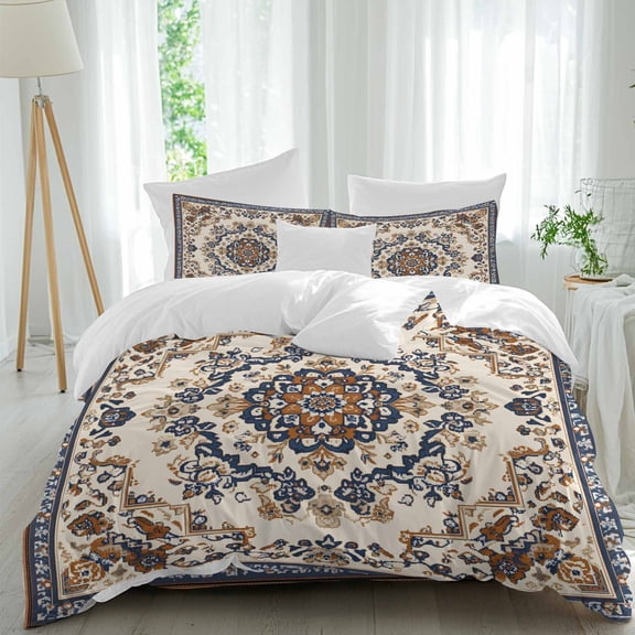 Vintage Flowers Pattern Duvet Cover Set Queen Size, Brown Blue Classical Bohemian 4 Piece Soft Microfiber Bedding Set with 1 Duvet Cover, 1 Flat Sheet, 2 Pillowcases