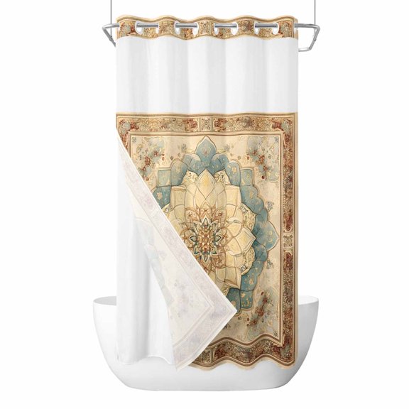 Vintage Flowers Pattern No Hook Shower Curtain with Snap in Liner, Blue Classical Bohemian Retro Waterproof Shower Curtain for Bathroom with Top Sheer Window, 36x72 Inch