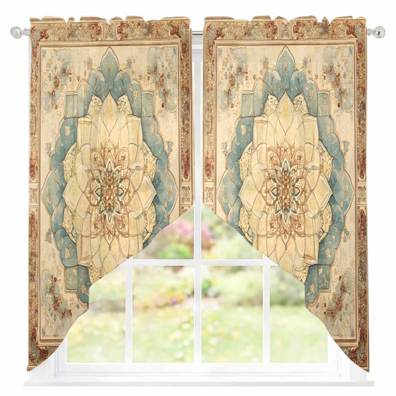 Vintage Flowers Pattern Sheer Curtains Swag Valances for Windows Blue Classical Bohemian Retro Rod Pocket Swag Curtain Small Window Curtain for Kitchen Living Room Bedroom, 1 Pair 28"W x 36"L