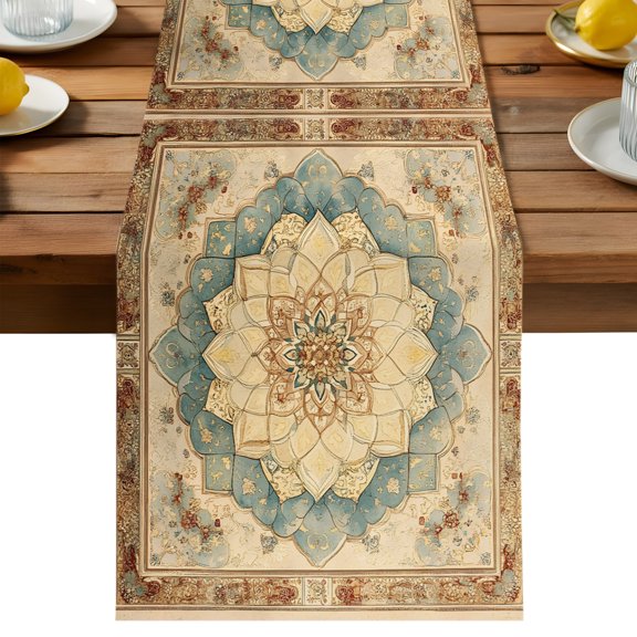 Vintage Flowers Pattern Table Runner, Blue Classical Bohemian Retro Cotton Linen Table Cloth, Tablerunner for Kitchen Dining Party Wedding Home Decor 13x90 Inch