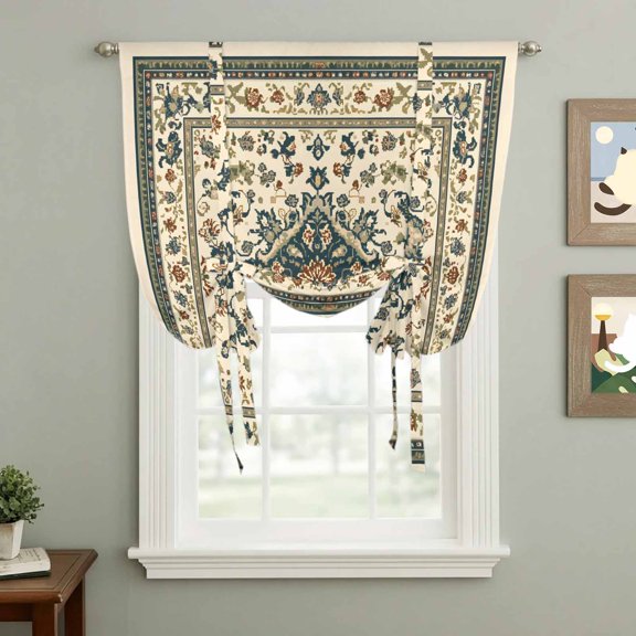 Vintage Flowers Pattern Tie Up Curtain 45 Inches Long, Retro Classical Bohemian Style Balloon Style Kitchen Window Curtain Over Sink, Small Window Rod Pocket Curtain 34"x45"