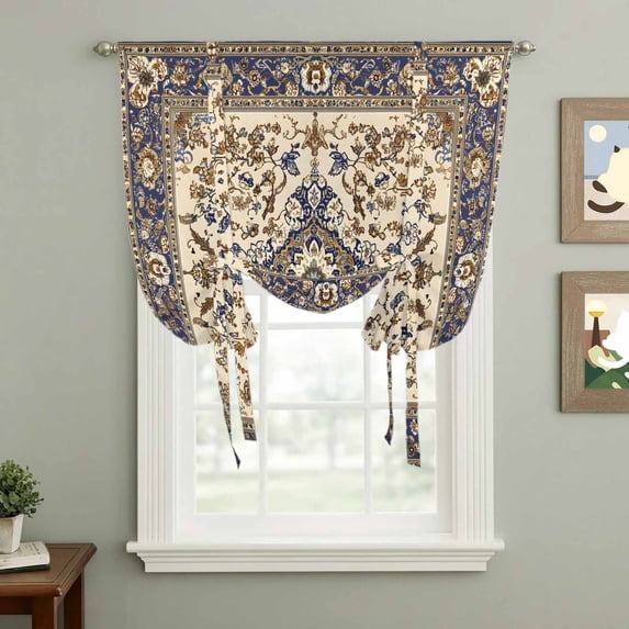 Vintage Flowers Pattern Tie Up Curtain 63 Inches Long, Purple Classical Bohemian Style Balloon Style Kitchen Window Curtain Over Sink, Small Window Rod Pocket Curtain 52"x63"