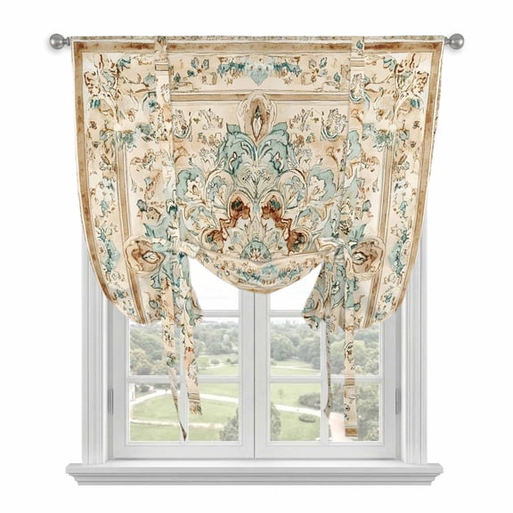 Vintage Flowers Pattern Tie Up Curtains, Ethnic Classical Bohemian Style Adjustable Rod Pocket Balloon Curtains Light Blocking Window Treatment for Kitchen Living Room Bedroom, 42 × 45 In