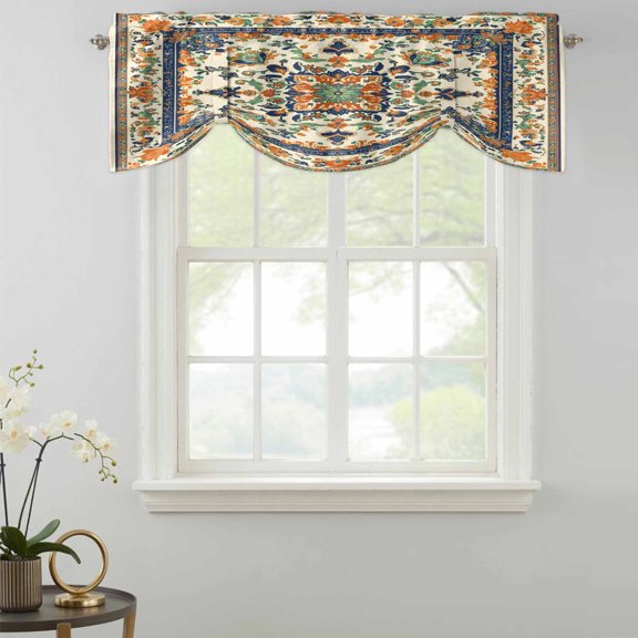 Vintage Flowers Pattern Tie Up Valances Curtain, Orange Blue Classical Bohemian Adjustable Valance for Window Light Filtering for Kitchen and Bathroom Rod Pocket 1 Panel 54x18in