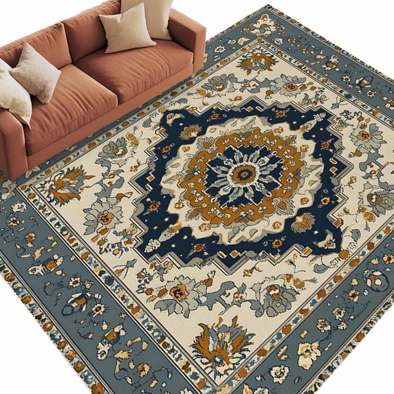 Vintage Flowers Pattern Washable Area Rug 5 x 7 ft Blue Traditional Bohemian , Soft Non Slip Rugs Stain Repellent Indoor Felt Carpet for Living Dining Room Bedroom Home Office