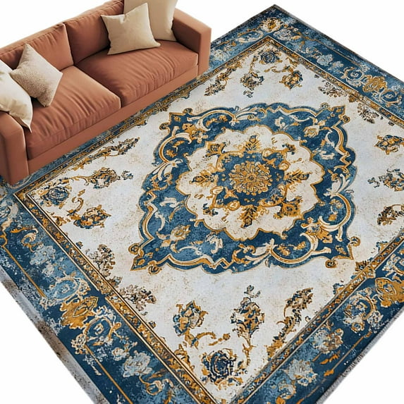 Vintage Flowers Pattern Washable Area Rug 5 x 7 ft Yellow Blue Traditional Bohemian , Soft Non Slip Rugs Stain Repellent Indoor Felt Carpet for Living Dining Room Bedroom Home Office